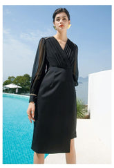 Chiffon Studded Sleeve Drapped Midi Dress